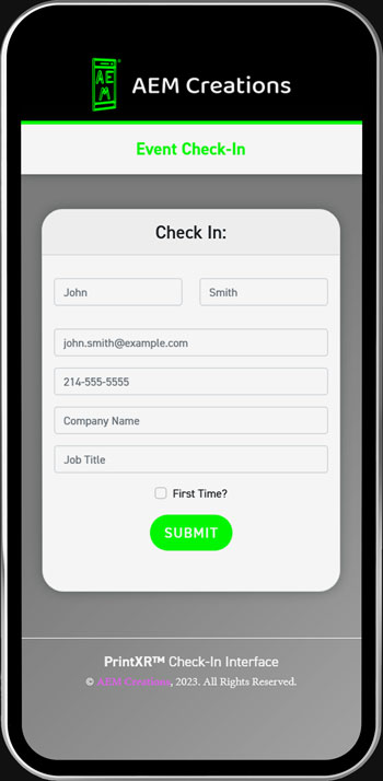 A smartphone with the PrintXR Check-In System on its screen.
