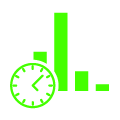 An image a bar chart with a clock over it